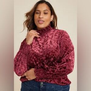 Maurices Crushed Velvet High Neck Top in Burgundy
